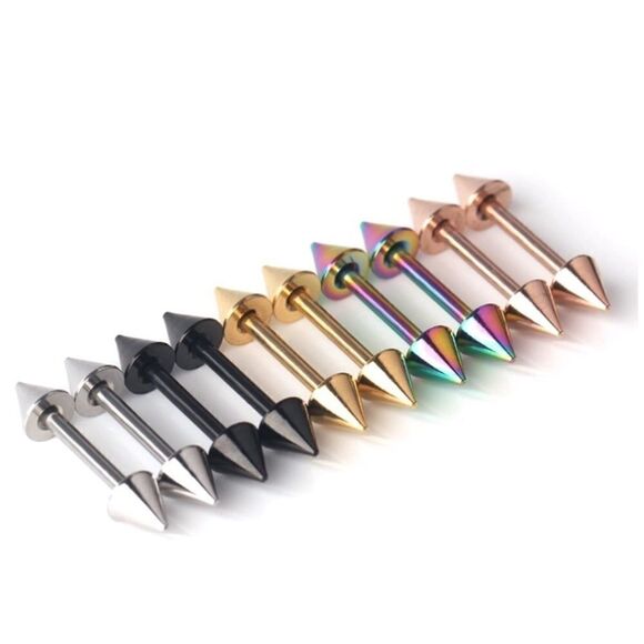 14G 316L Metallic Spiked Barbell Nipple Rings - 5 Sets - Picture 1 of 5